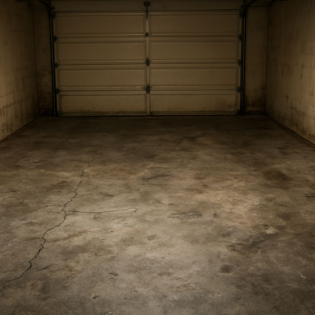 Garage before, with plain worn concrete floor