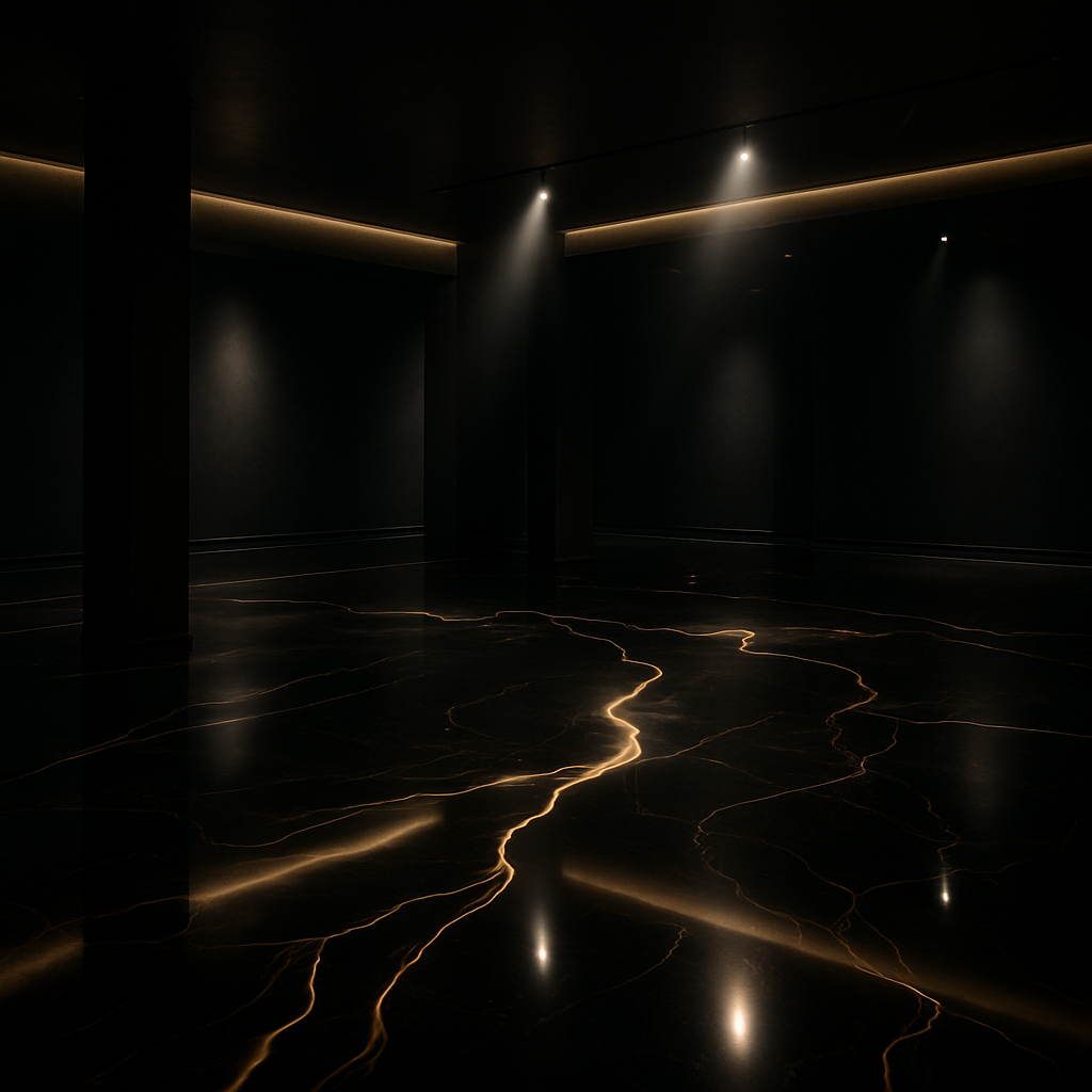Luxury showroom with a high-gloss metallic black epoxy floor featuring flowing gold veining and cinematic lighting